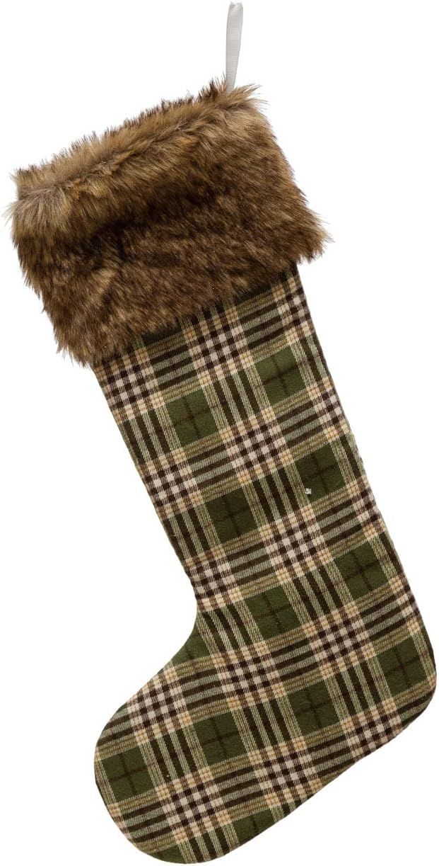 Creative Co-Op Fabric Stocking with Faux Fur Trim, Green Plaid | Amazon (US)