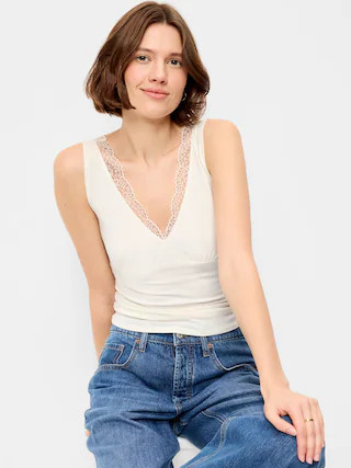 Sleeveless Lace-Trim V-Neck Ribbed Top | Old Navy (US)