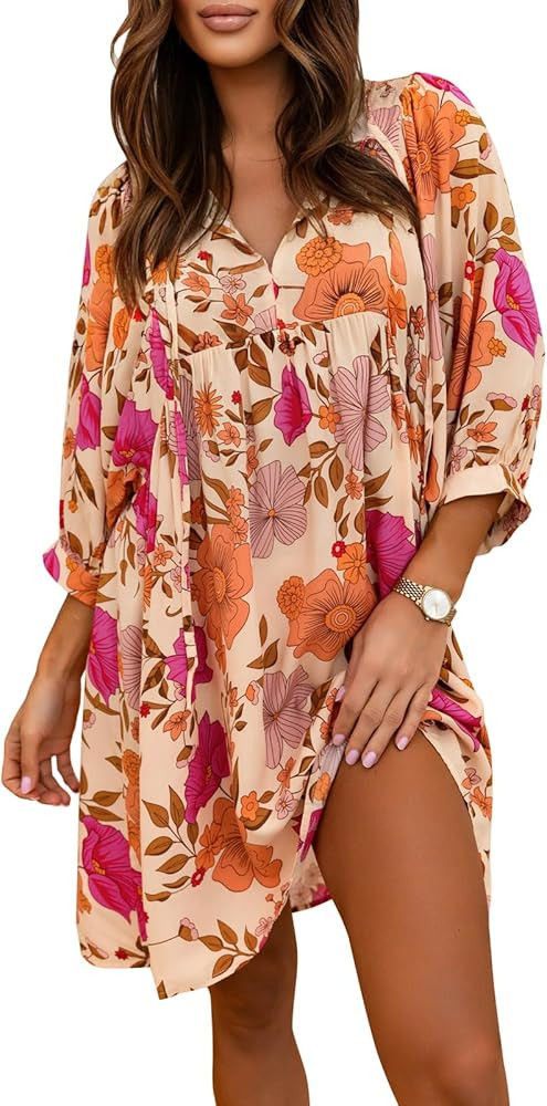 miduo Womens Casual V Neck Summer Half Sleeve Bohemian Floral Mini Tunic Short Dresses | Amazon (US)