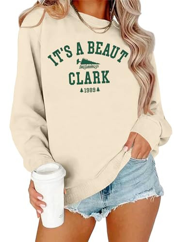 PECHAR it's a Beaut Clark Sweatshirt Women Christmas Tree Shirt Christmas Griswold Sweatshirts Long Sleeve Xmas Pullover Beige | Amazon (US)