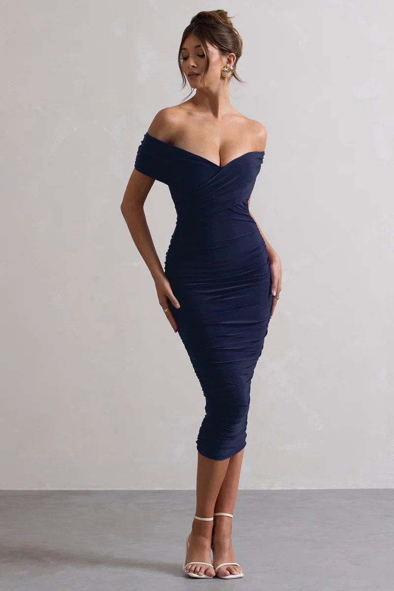 Unwrapped  Navy Ruched Twist Bardot Midi Dress | Club L London