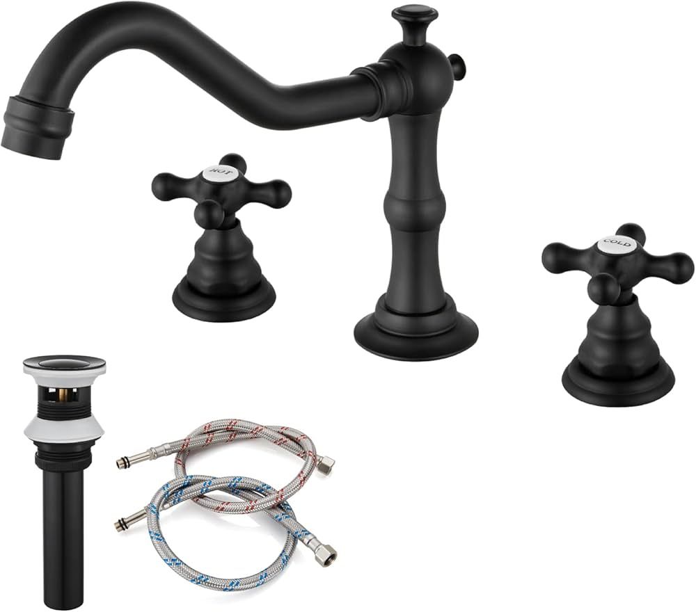 3 Hole Matte Black Bathroom Sink Widespread Faucet Mixing Tap Deck Mount Double Handle Cross Knob... | Amazon (US)