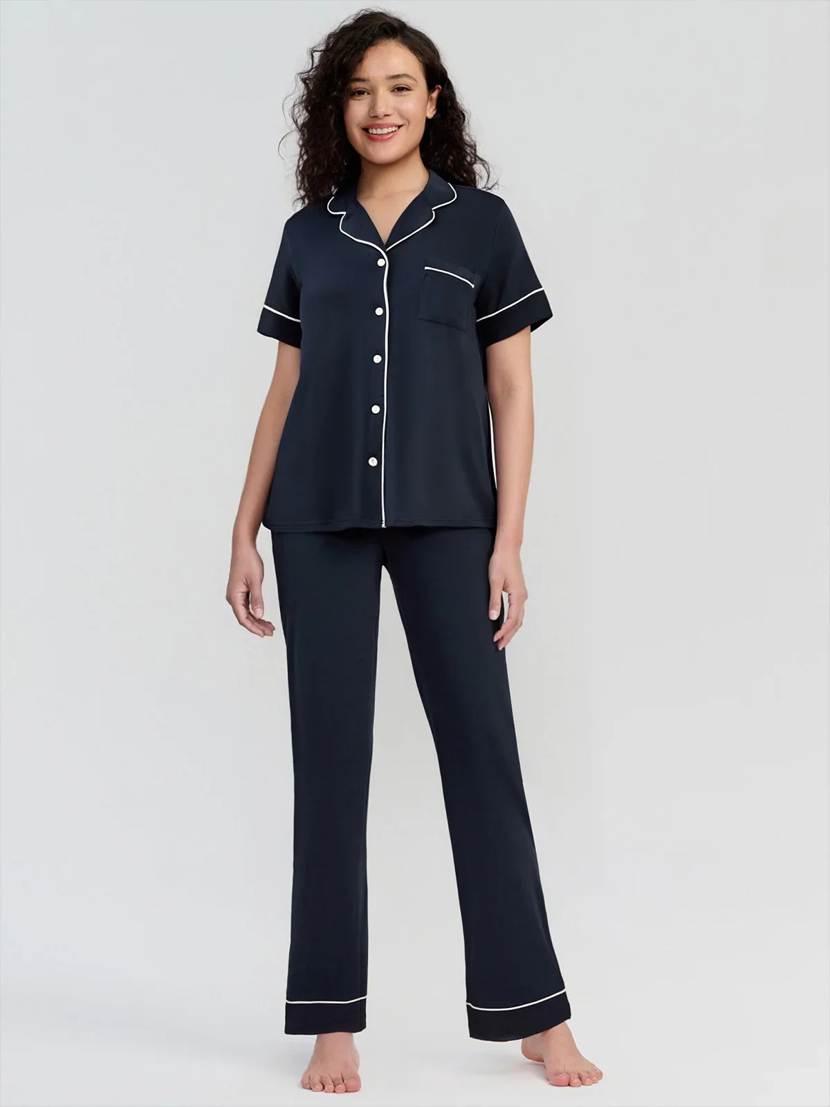 Solid Piped Short Sleeve Pajamas Set \u2013 Dark Navy | 89th & Madison | 89th + Madison