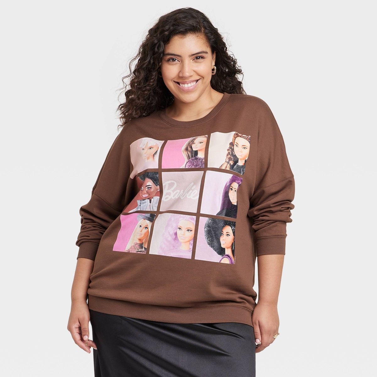 Women's Barbie Squares Cozy Graphic Sweatshirt - Brown | Target