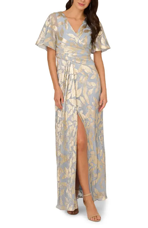 Adrianna Papell Metallic Leaf Jacquard Draped Gown in Light Blue/gold at Nordstrom, Size 12 | Nordstrom