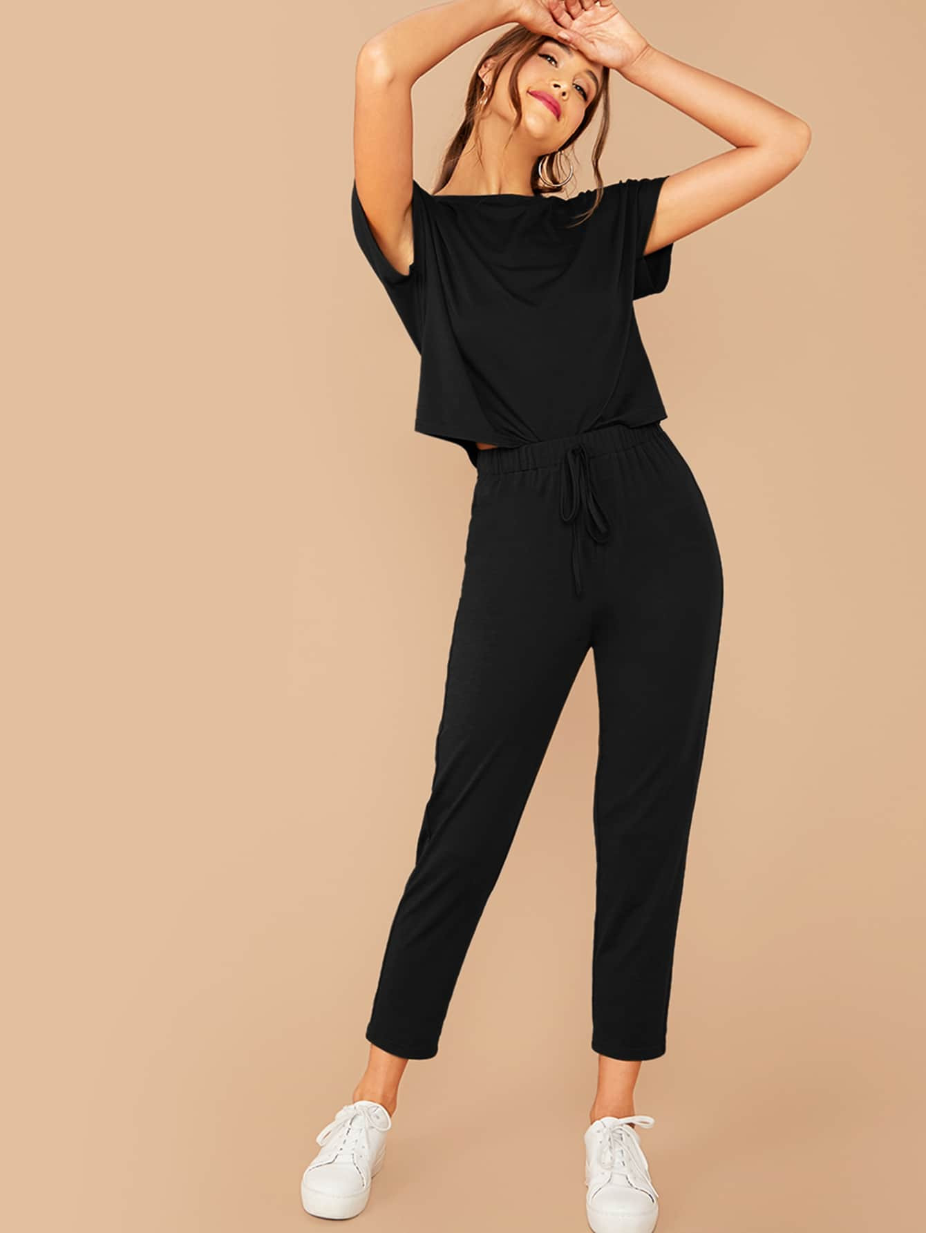 Solid Top & Tie Front Pants Set | SHEIN