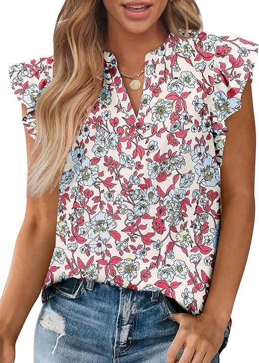 Zenlonr Womens Dressy Casual Tops 2026 Summer Ruffle Cap Sleeve V Neck Shirts Boho Floral Blouses... | Amazon (US)