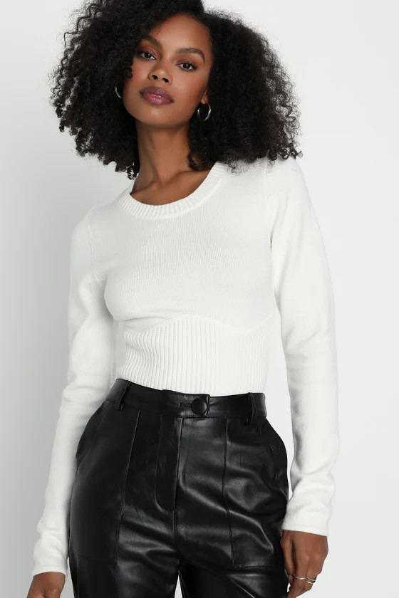 Everyone's a Winter White Long Sleeve Corset Seam Sweater Top | Lulus (US)