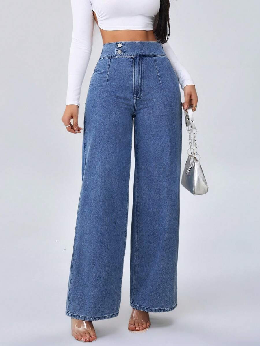 SHEIN Tall Calça Denim Feminina Cintura Alta Casual Solta Perna Larga Estilo Azul Calça Reta, M... | SHEIN