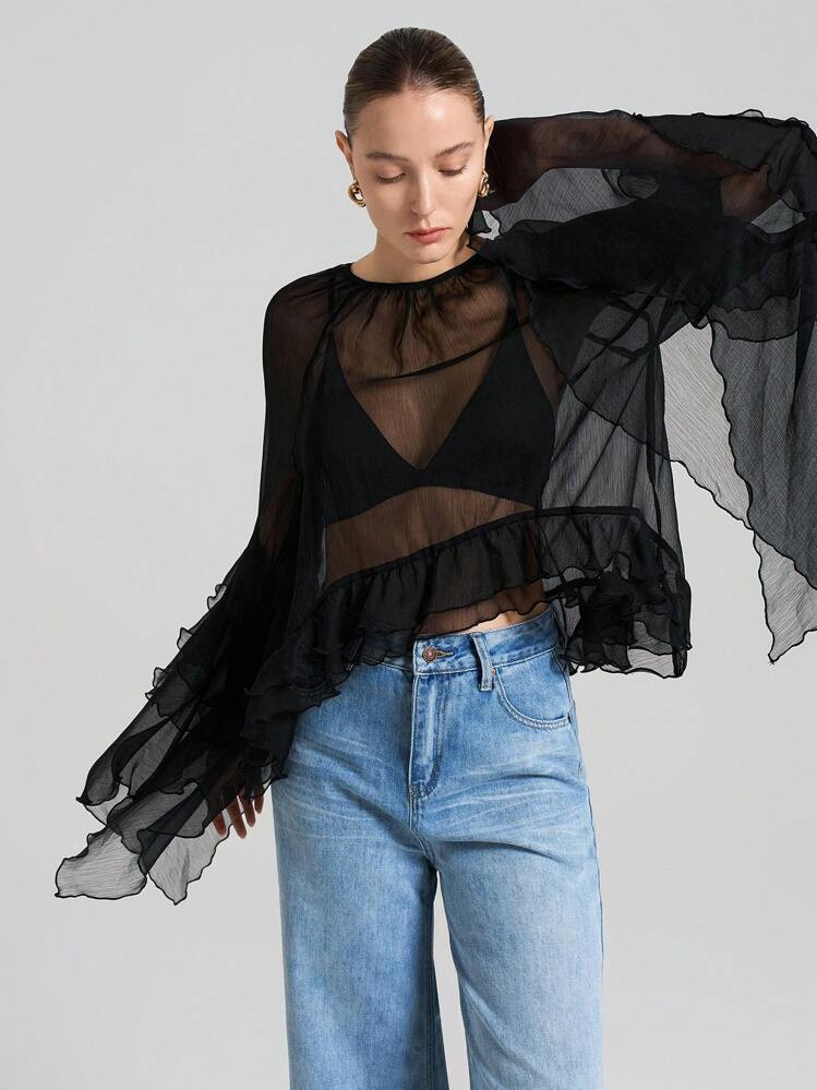 Ontre 2025 New Arrival, Black, Semi-Sheer, Loose Fit, Beach, Elegant Style, Chiffon Fabric, Round Neck, Long Sleeve, Ruffle Trim, Women's Blouse, Everyday Wear, Versatile For All Seasons, Beach/Vacation Bohemian Style, Summer Influencer Same Style, Exotic Atmosphere, Country Music Festival, Western Style, Premium Fabric, Comfortable Modern Urban Casual Fashion Business Casual Women's Office Wear Low-Key Old Money Style Effortless Temperament High-End Urban Commuting High-Quality Airport Women's Wear | SHEIN