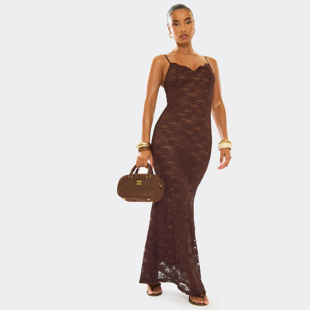 Strappy Cupped Detail Maxi Dress In Brown Lace | EGO (UK)
