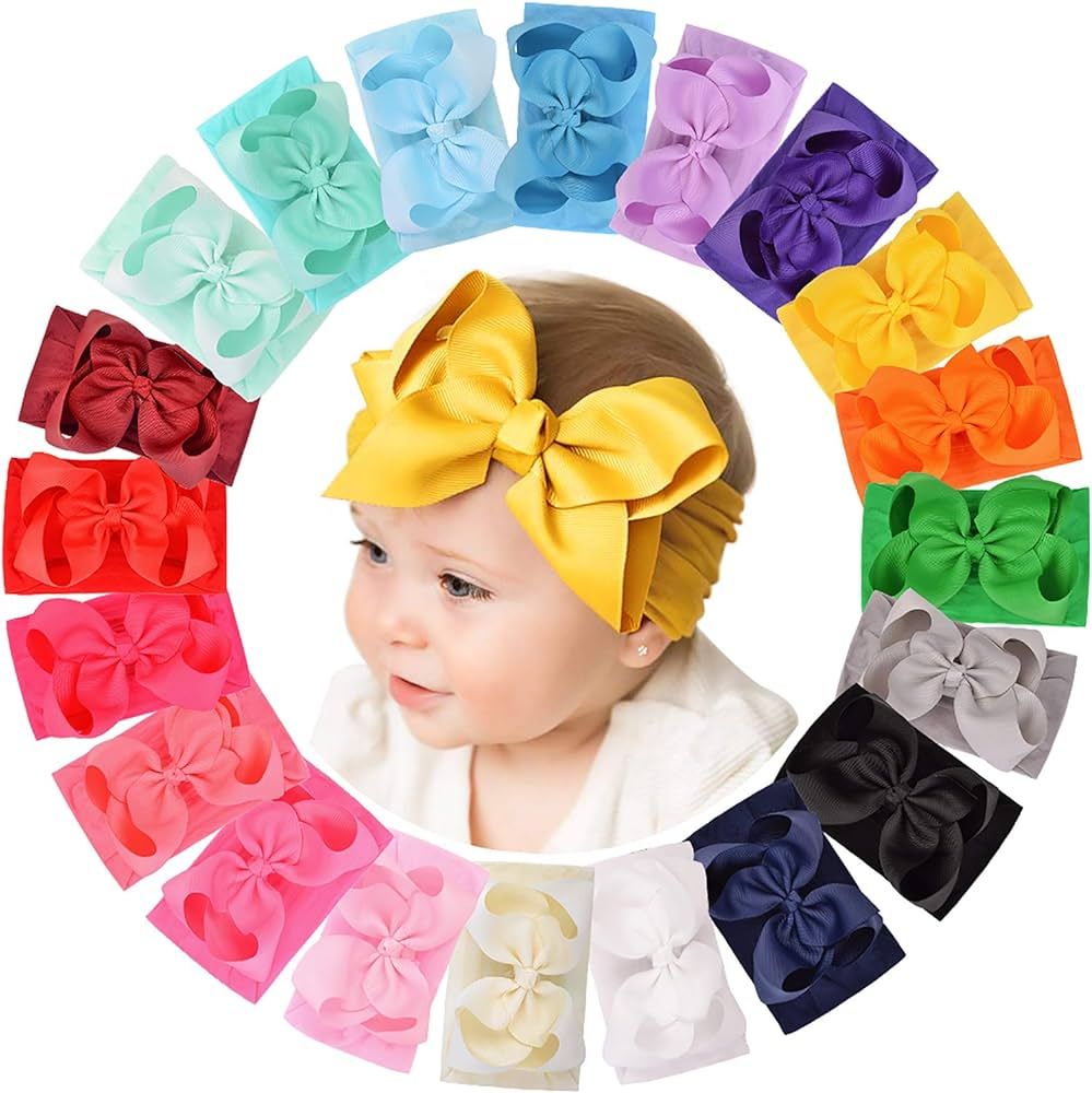 doboi 20pcs 6 Inches Baby Girls Big Bows Headbands Elastic Nylon Hairbands Turban Hair Accessorie... | Amazon (US)