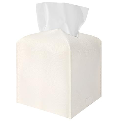 Tissue Box Cover Holder, Square Modern PU Leather Tissue Box Holder, Decorative Tissue Box Organizer for Bathroom Tabletop Car Night Stands Office, 5"x5"x5", Milk White | Amazon (US)