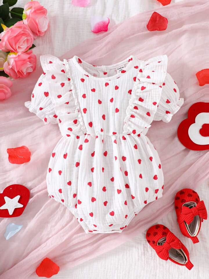 SHEIN 1pc Baby Girl Cute Casual Red Heart Print Pattern Romper Outfit, Suitable For Valentine Out... | SHEIN