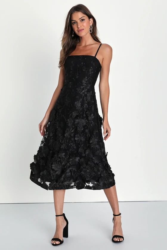 Glamour Garden Black 3D Floral Embroidered Midi Dress | Lulus