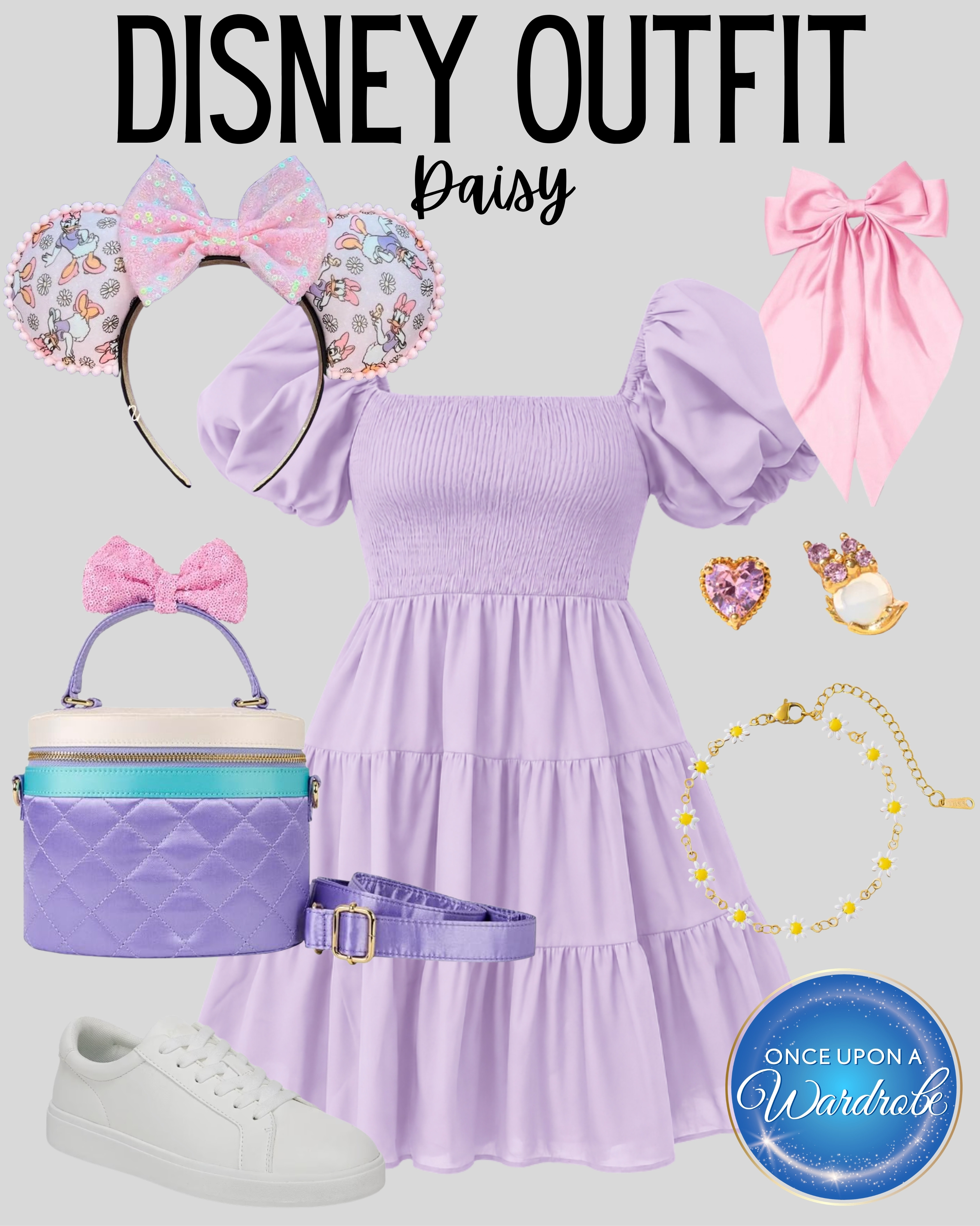 Daisy Duck inspired Disney outfit idea with the prettiest purple and pink details 💜 This one is perfect for a Magic Kingdom day, character meet and greets, Disney brunch, or anyone who loves a softer Disney outfit. Linking the lavender dress, Daisy ears, bow bag, white sneakers, and accessories! 

 #LTKootd #LTKmomlife #LTKTravel