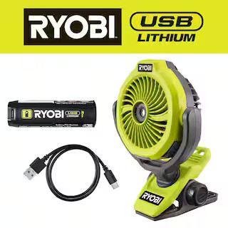 RYOBI USB Lithium Cordless Misting Clamp Fan Kit with USB Lithium 2Ah Battery and Charging Cable ... | The Home Depot