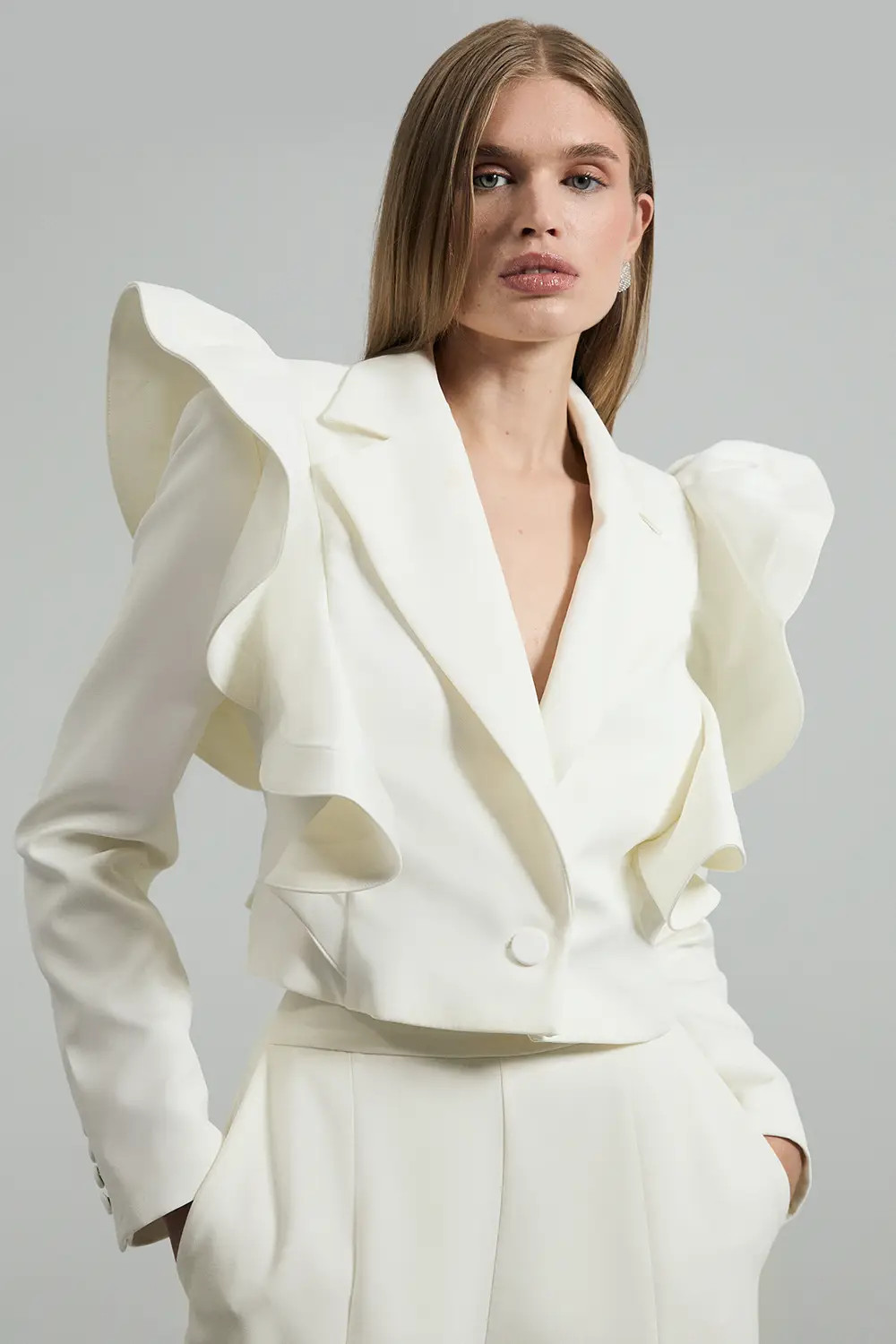 Drama Ruffle Tailored Single Breasted Cropped Blazer | Karen Millen