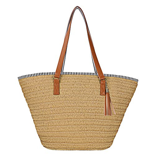 Womens Large Straw Shoulder Bag Beach Tote Handbag Purse with Tassel for Summer | Amazon (US)