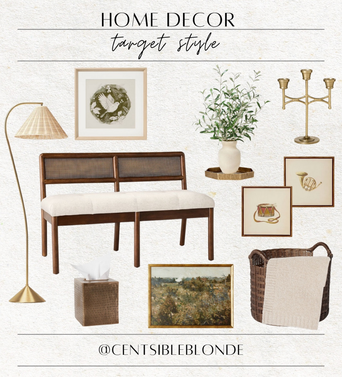 Home decor, Christmas decor, Christmas, neutral decor, 
brown basket, throw blanket, 
framed art, floor lamp, 
gooseneck lamp, candlestick holder, taper candle holder, Target decor, entryway bench, sitting bench, 
tissue box holder, tissue box cover, cozy home, simple home style, 
gold decor, home ideas, home styling 

#LTKFindsUnder50 #LTKHoliday #LTKHome