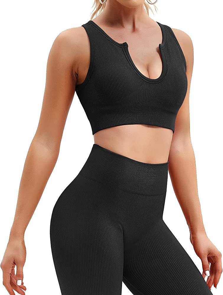 IUGA Workout Sets for Women 2 Piece Workout Outfits Women Workout Leggings with Ribbed Crop Top Yoga | Amazon (US)