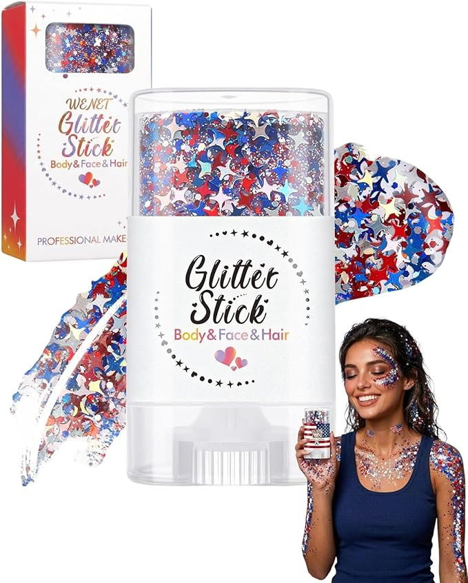 4th of July Glitter Stick, Red White and Blue Body & Hair Sparkle Gel, Patriotic Face Glitter Sti... | Amazon (US)
