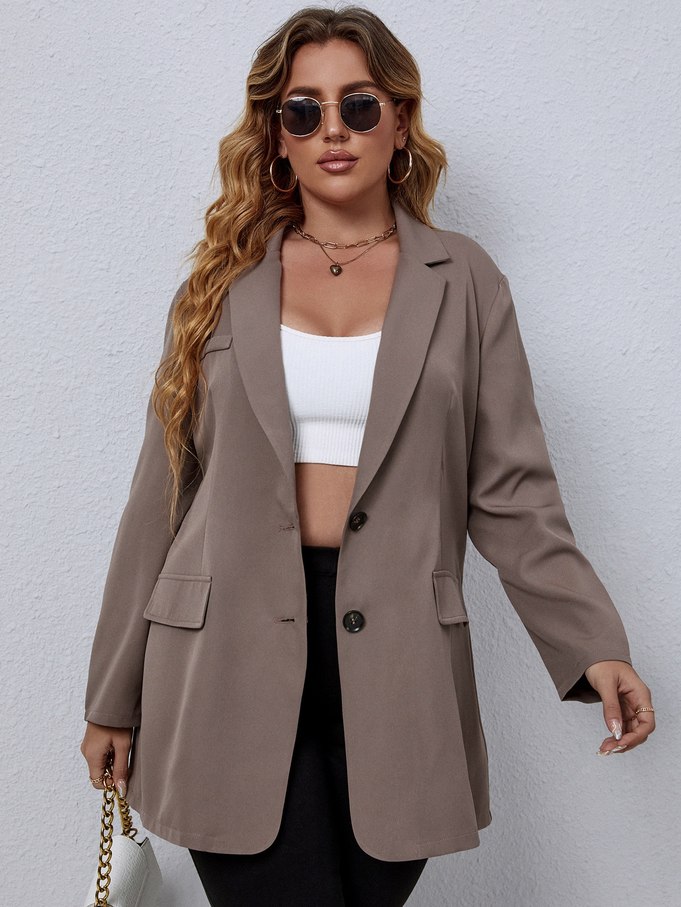 SHEIN LUNE Plus Solid Button Through Blazer | SHEIN