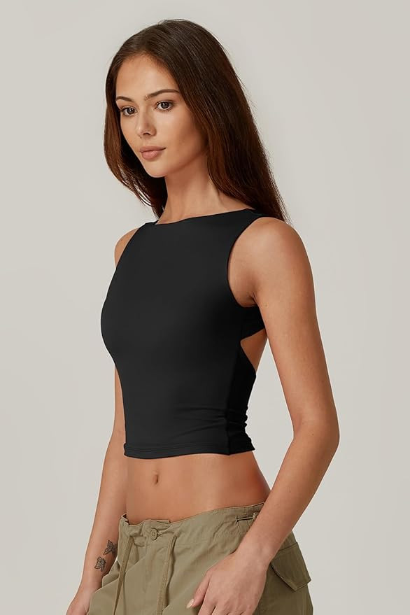 QINSEN Women's Sexy Open Back Sleeveless Crop Tank High Neck Slim Fit Cropped Tee Shirt Y2k Tops | Amazon (US)