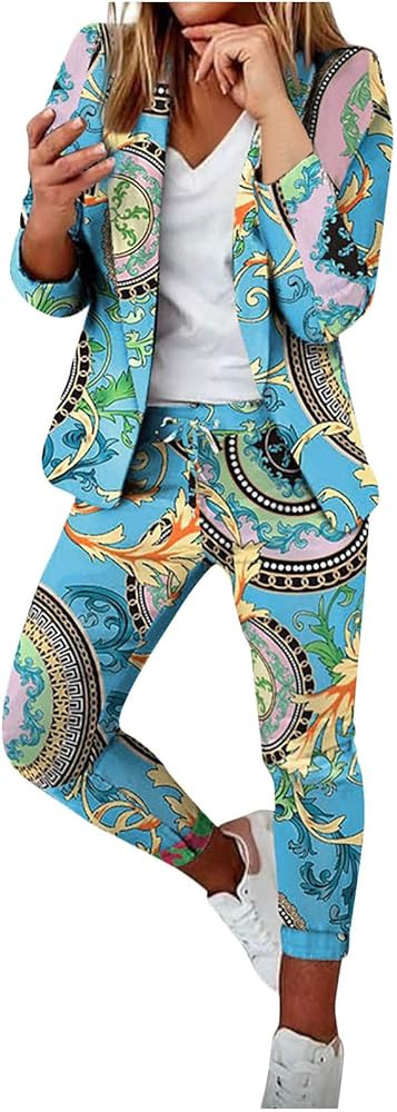 Business Suit for Women Casual Solid Long Sleeve Blazers Open Front Drawstring Pant Suits Set Ele... | Amazon (US)