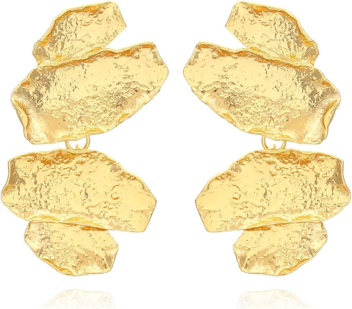Texture 14K Gold-Plated Geometric Large Earrings for Women - Exquisite Metal Earrings,Cool and Ir... | Amazon (US)