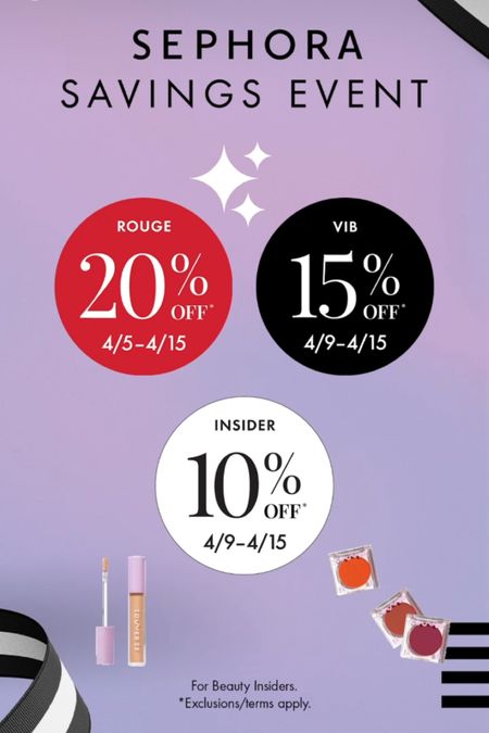 Sephora saving event. 
April 5th Rouge members get 20% off select beauty and 30% Sephora collection until April 15th. 
VIB and Insider members access opens April 9th.

#LTKbeauty #LTKxSephora #LTKsalealert