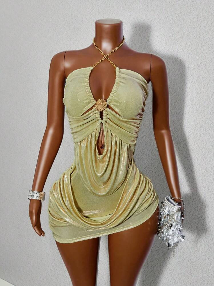 BamGleam Sexy Solid Color Backless Halter Mini Dress, Summer | SHEIN