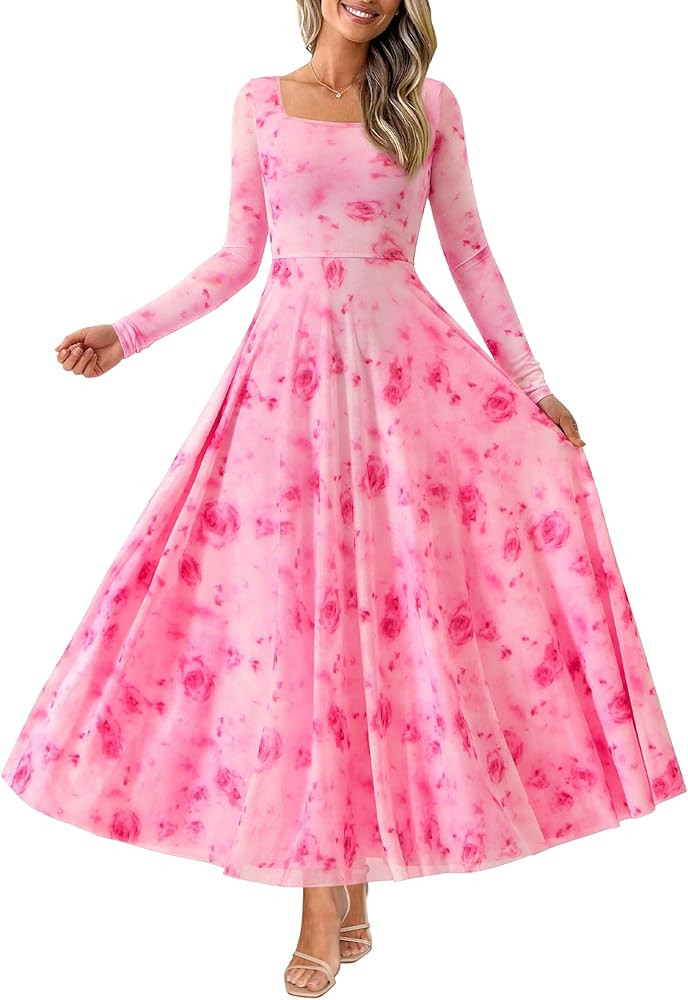 BTFBM Women Maxi Dress Fall 2025 Fashion Elegant Long Sleeve Square Neck Floral Print Party Club ... | Amazon (US)