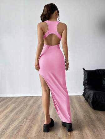 SHEIN EZwear Women Summer Round Neck Sleeveless Long Split Casual Backless Maxi Dress | SHEIN