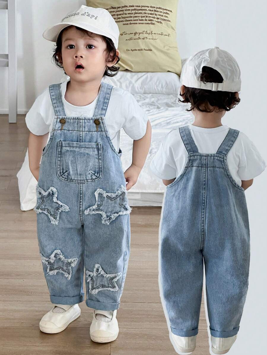 SHEIN Baby/Baby Boy Casual Soft Cute Comfortable Base Star Embroidery Frayed Edge Blue Denim Over... | SHEIN