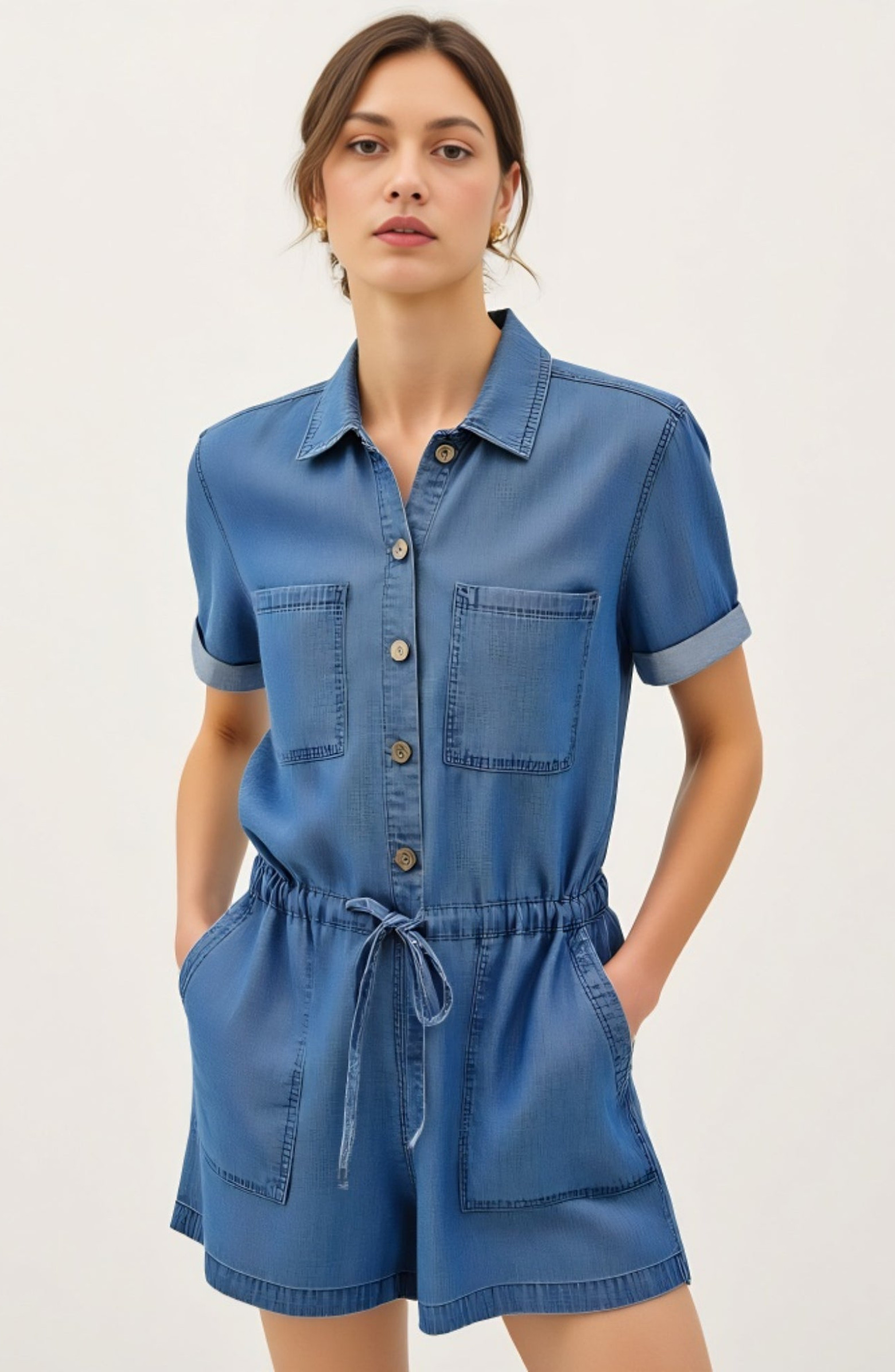 Utility Button-Up Denim Romper with Pockets and Drawstring Waist | Nordstrom