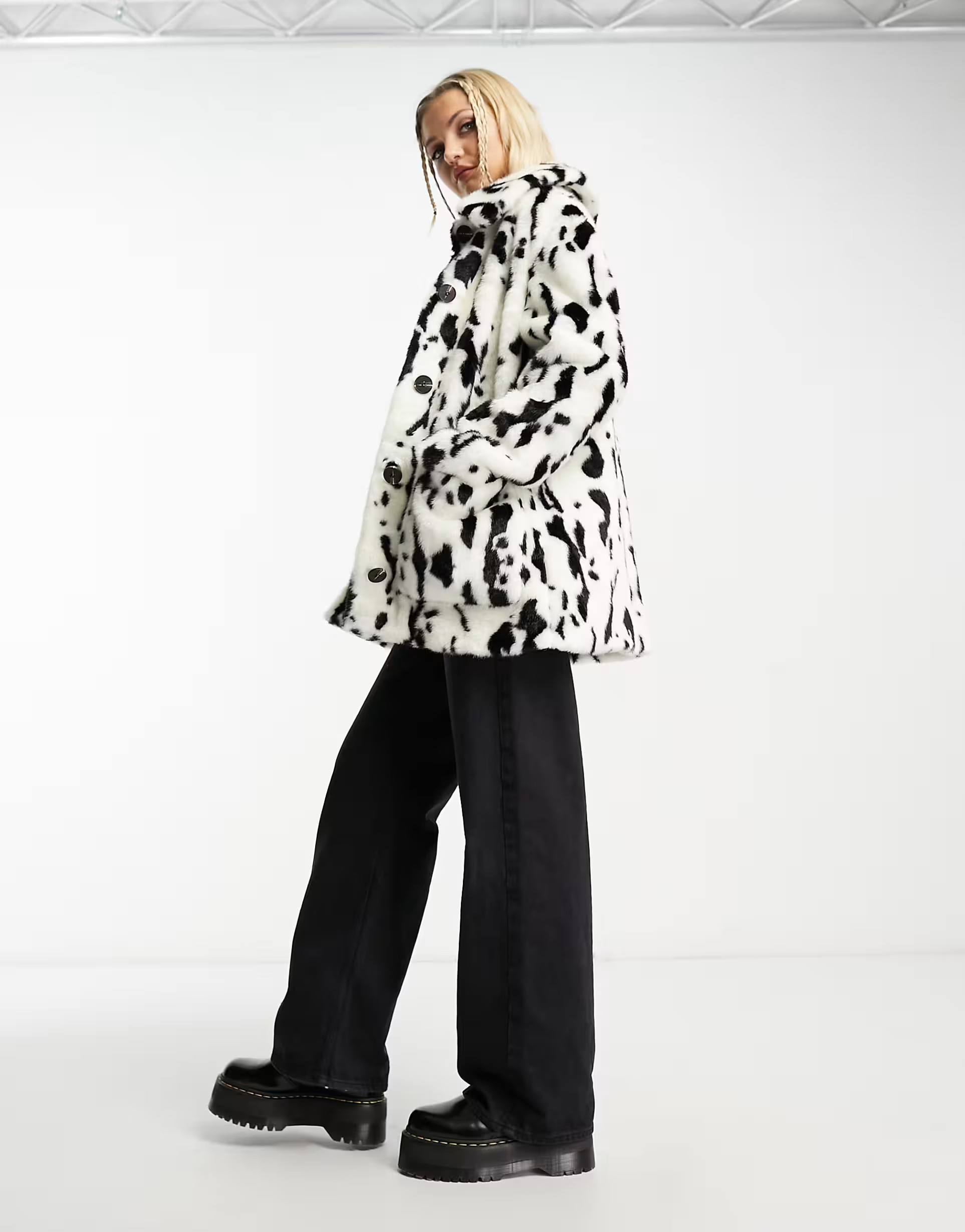 Urban Code button down faux fur coat in dalmation print | ASOS (Global)