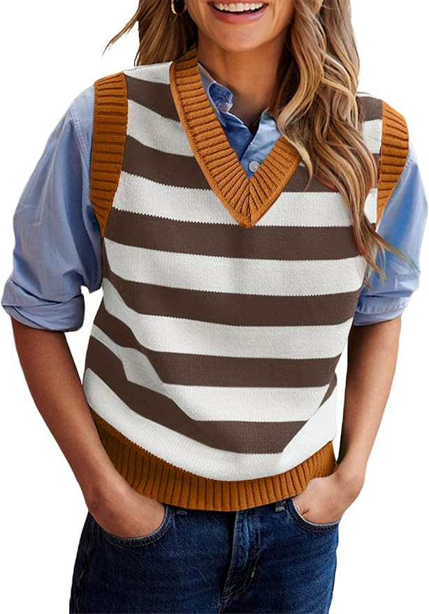 EVALESS Casual V Neck Sweater Tank Tops for Women Fall Color Block Striped Sweater Vest Knit Slee... | Amazon (US)