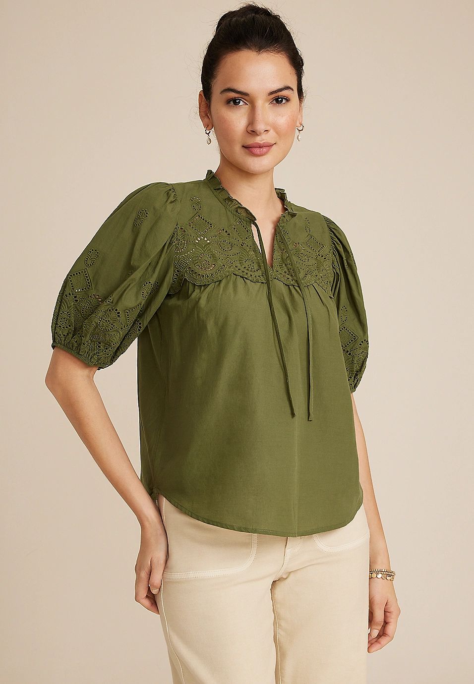 Eyelet Tie Front Blouse | Maurices