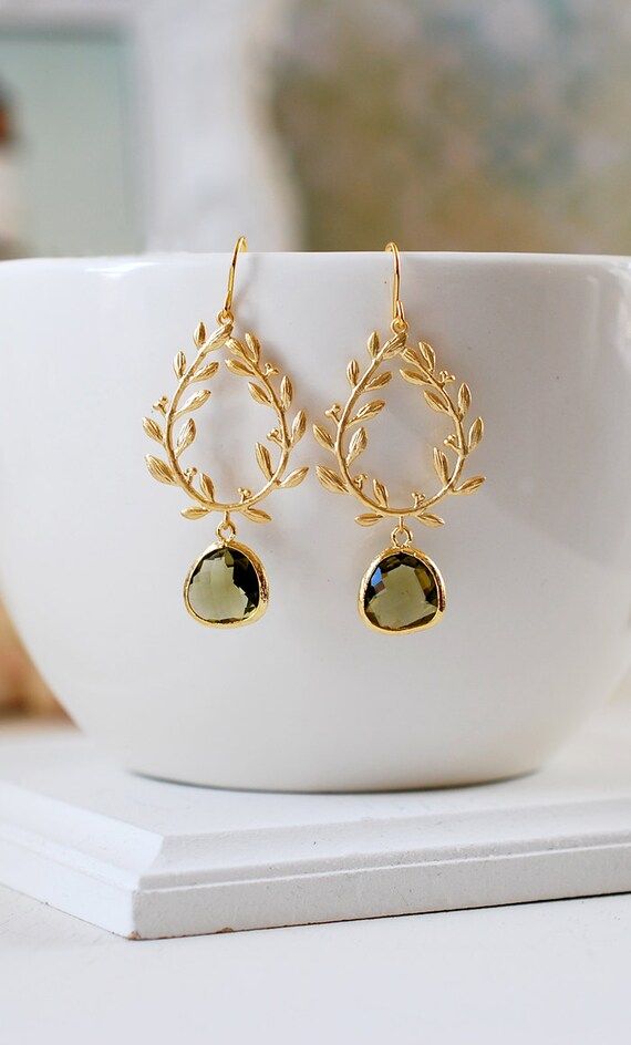 Dark Olive Green Gold Leaf Wreath Dangle Earrings, Olivine Wedding Jewelry, Laurel Wreath earrings,  | Etsy (US)