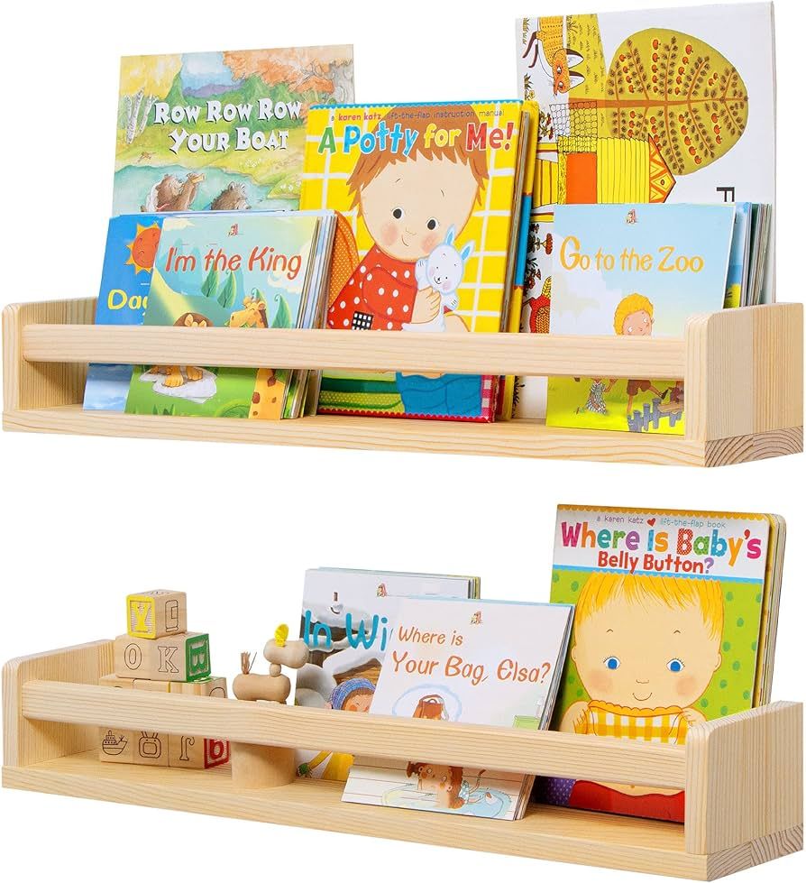 Fun Memories Nursery Book Shelves Set of 2 - Rustic Natural Solid Wood Floating Bookshelf for Kid... | Amazon (US)