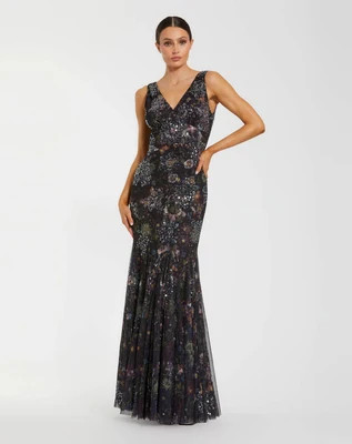 Black Embellished Floral Sleeveless V-Back Gown | Mac Duggal