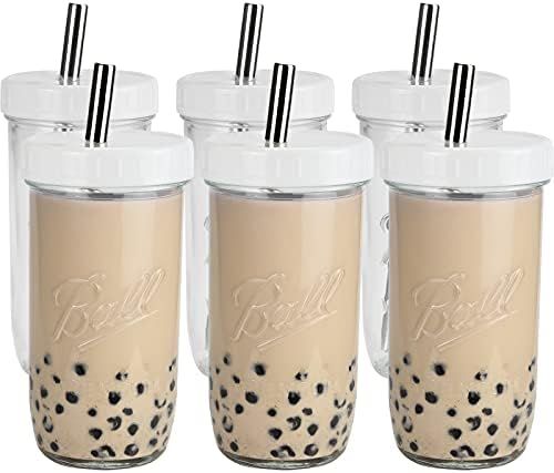 Bubble Tea Cups 6 Pack 24 oz, Reusable Wide Mouth Smoothie Cups, Iced Coffee Cups With White Lids... | Amazon (US)