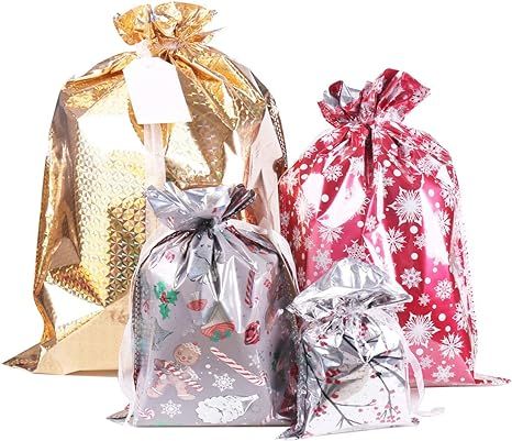 Christmas Bags,40Pcs Santa Wrapping Bag in 4 Sizes and 4 Designs with Inserted Drawstring Ribbons... | Amazon (US)