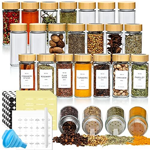 NETANY 24 Pcs Spice Jars with Bamboo Lids - 4 oz Round Glass Spice Jars with Labels , Minimalist ... | Amazon (US)