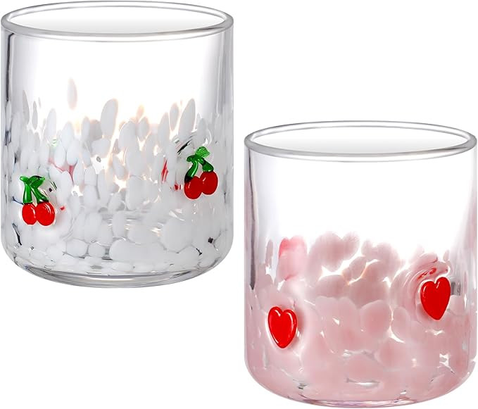 Yungyan 2 Pcs Valentine Icon Juice Glass 14oz Heart and Cherry Drinking Cocktails Glasses Cute Pi... | Amazon (US)