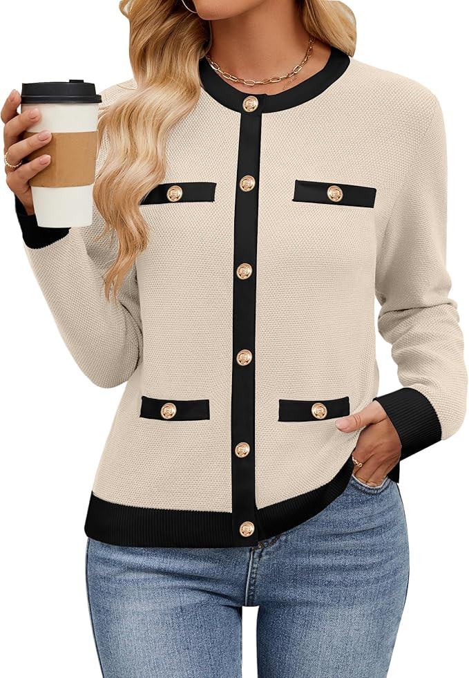 HAEOF Womens 2024 Fall Long Sleeve Cardigan Sweaters Crew Neck Button Down Textured Cozy Dressy C... | Amazon (US)