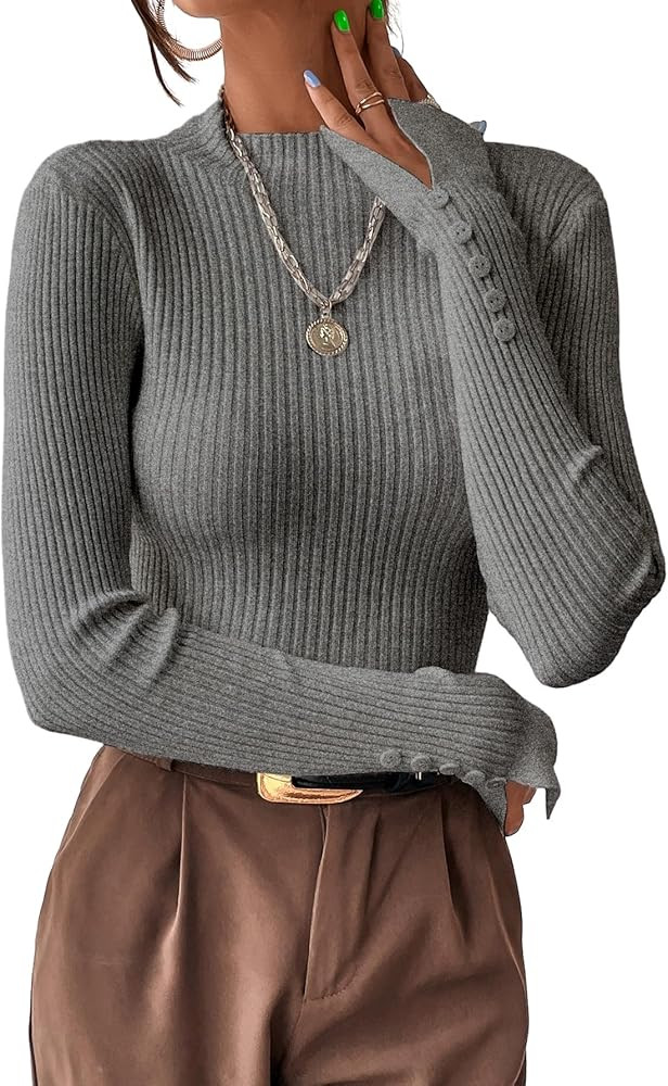 SweatyRocks Women's Long Sleeve Split Cuff Cropped Sweater Mock Neck Ribbed Knit Pullover Crop To... | Amazon (US)