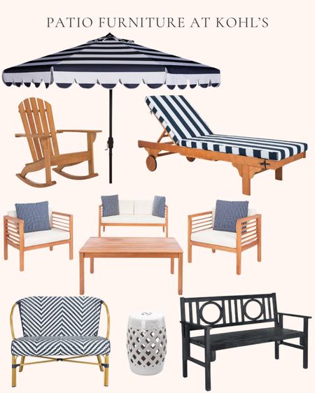Patio furniture at Kohl’s. Outdoor living. Patio season. Summer. Porcelain stoneware plant stand side table. Herringbone wicker loveseat. Rocking Adirondack chair. Outdoor loveseat chair and coffee table 4-piece set. Chaise lounge chair with navy and white striped cushion. Folding bench. Navy and white striped scalloped edge patio umbrella  

#LTKhome #LTKSeasonal