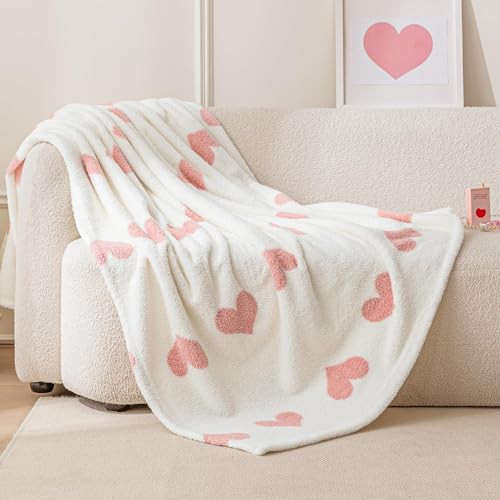 Amazon Basics Fleece Throw Blanket, Reversible Decorative Hearted Pattern for The Bed, Couch and Sofa, 50" W × 60" L, Pink Heart | Amazon (US)